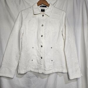 FDJ French Dressing White Denim Jacket Floral Embroidery Size Large Vintage